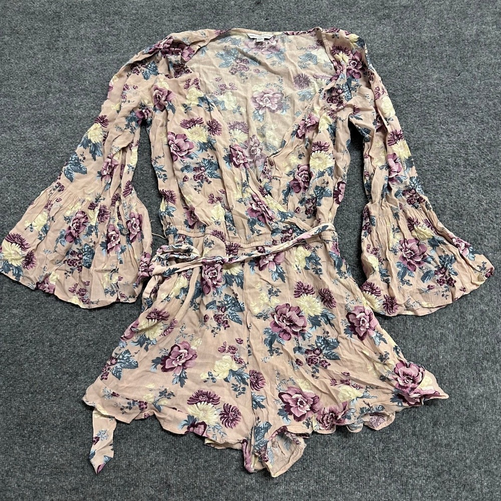 American Eagle Romper Womens L Pink Floral Viscose Bell Sleeve Boho Tie Waist